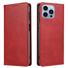 For iPhone 14 Pro Max Calf Texture Magnetic Flip Leather Phone Case (Red)