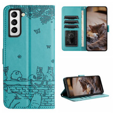 For Samsung Galaxy S21 Cat Embossing Pattern Leather Phone Case with Lanyard(Blue)