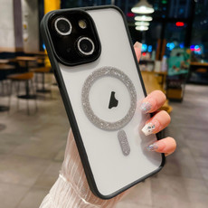 For iPhone 14 Plus MagSafe Gradient Color Glitter TPU + Acrylic Phone Case with Lens Film(Black)
