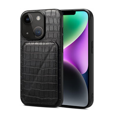 For iPhone 15 Plus Imitation Crocodile Leather Back Phone Case with Holder(Black)