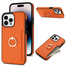 For iPhone 14 Pro Ring Card  Litchi Leather Back Phone Case(Orange)