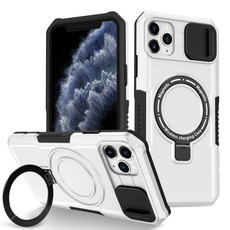 For iPhone 11 Pro Max Sliding Camshield Magsafe Holder TPU Hybrid PC Phone Case(Black White)