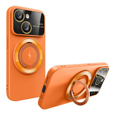 For iPhone 15 Large Window MagSafe Magnetic Holder Phone Case(Orange)