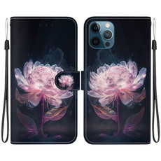 For iPhone 12 / 12 Pro Crystal Texture Colored Drawing Leather Phone Case(Purple Peony)