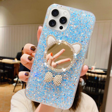 For iPhone 14 Pro Max Starry Sequin Diamond Cat Ears Mirror Epoxy TPU Phone Case(Blue)