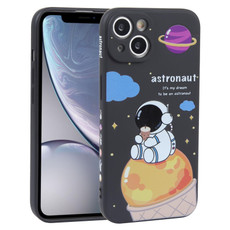 For iPhone XR Milk Tea Astronaut Pattern Liquid Silicone Phone Case(Ivory Black)