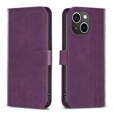 For iPhone 14 Plaid Embossed Leather Phone Case(Purple) For iPhone 14 Plaid Embossed Leather Phone Case(Purple)