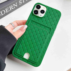 For iPhone 11 Pro Max Weave Texture Card Slot Skin Feel Phone Case with Push Card Hole(Green)
