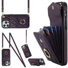 For iPhone 13 Pro Rhombic Texture Card Bag Phone Case with Long Lanyard(Dark Purple)