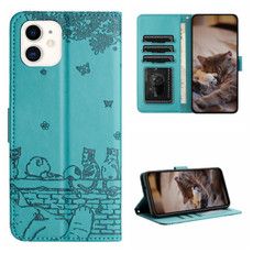 For iPhone 11 Cat Embossing Pattern Leather Phone Case with Lanyard(Blue)