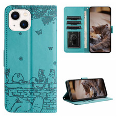 For iPhone 13 mini Cat Embossing Pattern Leather Phone Case with Lanyard(Blue)