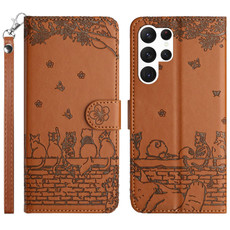 For Samsung Galaxy S24 Ultra Cat Embossing Pattern Leather Phone Case with Lanyard(Brown)