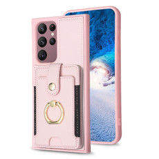 For Samsung Galaxy S22 Ultra 5G BF27 Metal Ring Card Bag Holder Phone Case(Pink) For Samsung Galaxy S22 Ultra 5G BF27 Metal Ring Card Bag Holder Phone Case(Pink)