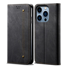 For iPhone 15 Pro Denim Texture Casual Style Horizontal Flip Leather Case(Black)