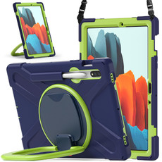 For Samsung Galaxy Tab S8 / Galaxy Tab S7 T870 / T875 Silicone + PC Protective Case with Holder & Shoulder Strap(Navy Blue + Yellow Green)