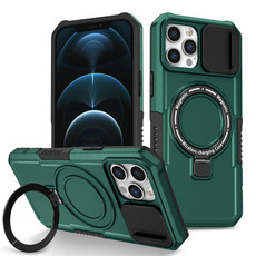 For iPhone 12 Pro Max Sliding Camshield Magsafe Holder TPU Hybrid PC Phone Case(Deep Green)