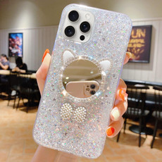 For iPhone 13 Pro Max Starry Sequin Diamond Cat Ears Mirror Epoxy TPU Phone Case(Silver)