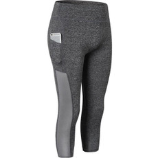 Stretch Tight Quick Drying Sweat Wicking Side Pocket Yoga Capris (Color:Flower Gray Size:S)