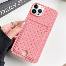 For iPhone 13 Pro Max Weave Texture Card Slot Skin Feel Phone Case with Push Card Hole(Pink)