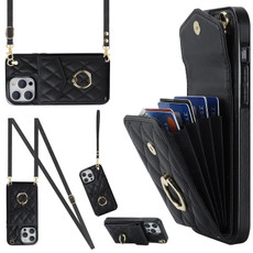 For iPhone 13 Pro Max Rhombic Texture Card Bag Phone Case with Long Lanyard(Black) For iPhone 13 Pro Max Rhombic Texture Card Bag Phone Case with Long Lanyard(Black)