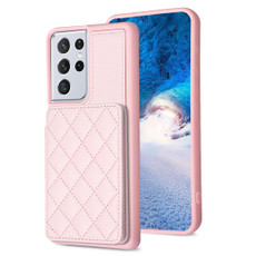 For Samsung Galaxy S21 Ultra 5G BF25 Square Plaid Card Bag Holder Phone Case(Pink) For Samsung Galaxy S21 Ultra 5G BF25 Square Plaid Card Bag Holder Phone Case(Pink)