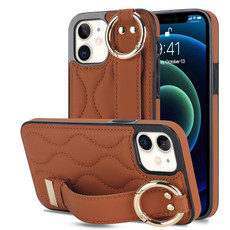 For iPhone 12 mini Non-slip Full Coverage Ring PU Phone Case with Wristband(Brown)