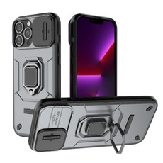For iPhone 13 Pro Max Sliding Camshield TPU + PC Shockproof Phone Case with Holder(Grey) For iPhone 13 Pro Max Sliding Camshield TPU + PC Shockproof Phone Case with Holder(Grey)