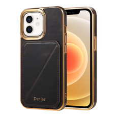 For iPhone 12 / 12 Pro Denior Oil Wax Leather Electroplating Card Slot Holder Phone Case(Black)