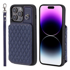 For iPhone 15 Pro Max Grid Texture Card Bag Phone Case with Lanyard(Blue)