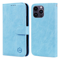 For iPhone 14 Pro Max Skin Feeling Oil Leather Texture PU + TPU Phone Case(Light Blue)