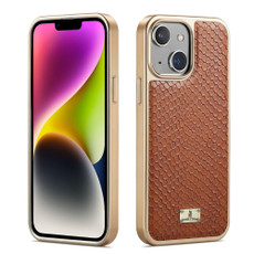 For iPhone 14 Fierre Shann Snake Texture Electroplating PU Phone Case(Brown)