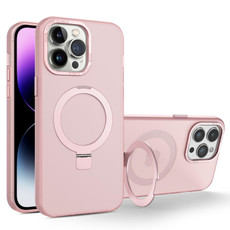 For iPhone 13 Pro Max MagSafe Metal Holder Frosted Translucent Phone Case(Pink)
