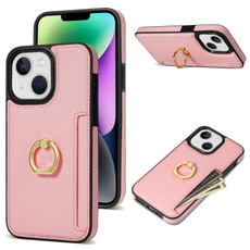 For iPhone 14 Ring Card  Litchi Leather Back Phone Case(Pink)