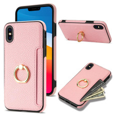 For iPhone XR Ring Card  Litchi Leather Back Phone Case(Pink)