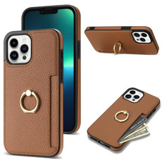 For iPhone 12 Pro Max Ring Card  Litchi Leather Back Phone Case(Brown)