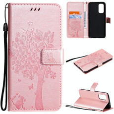 For OPPO Reno5 5G Tree & Cat Pattern Pressed Printing Horizontal Flip PU Leather Case with Holder & Card Slots & Wallet & Lanyard(Rose Gold)