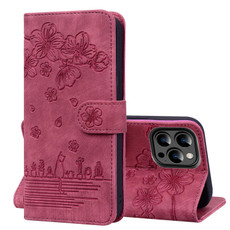 For iPhone 14 Pro Cartoon Sakura Cat Embossed Leather Phone Case(Wine Red)