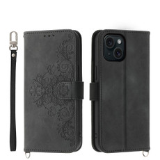 For iPhone 15 Skin-feel Flowers Embossed Wallet Leather Phone Case(Black)