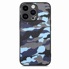 For iPhone 15 Retro Camouflage Leather Back Phone Case(Blue)