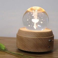 Girl Bedside Lamp Crystal Ball Wooden Base Music Box Charging Glow Rotating Night Light, Random Music(Ballet)