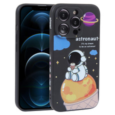 For iPhone 12 Pro Max Milk Tea Astronaut Pattern Liquid Silicone Phone Case(Ivory Black)