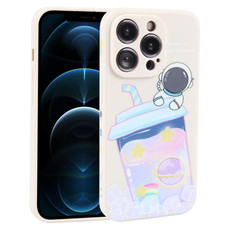 For iPhone 12 Pro Max Milk Tea Astronaut Pattern Liquid Silicone Phone Case(Ivory White)