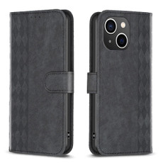 For iPhone 14 Plaid Embossed Leather Phone Case(Black) For iPhone 14 Plaid Embossed Leather Phone Case(Black)