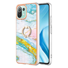 For Xiaomi Mi 11 Lite Electroplating Marble IMD TPU Phone Case with Ring Holder(Green 004)