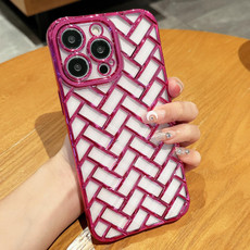 For iPhone 14 Pro Max Woven Grid 3D Electroplating Laser Engraving Phone Case(Rose Red)