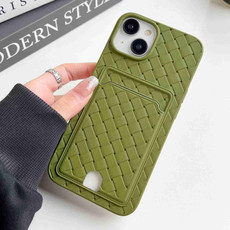 For iPhone 13 Weave Texture Card Slot Skin Feel Phone Case with Push Card Hole(Olive Green)