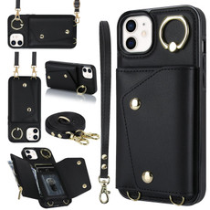 For iPhone 12 mini Zipper Card Bag Phone Case with Dual Lanyard(Black)