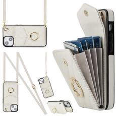 For iPhone 14 Rhombic Texture Card Bag Phone Case with Long Lanyard(White) For iPhone 14 Rhombic Texture Card Bag Phone Case with Long Lanyard(White)
