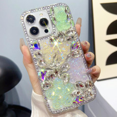 For iPhone 14 Pro Max Ice Crystal Bow Knot Full Diamond TPU Phone Case(Yellow+Green)