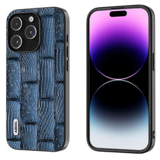 For iPhone 15 Pro ABEEL Genuine Leather Mahjong Pattern Black Edge Phone Case(Blue)